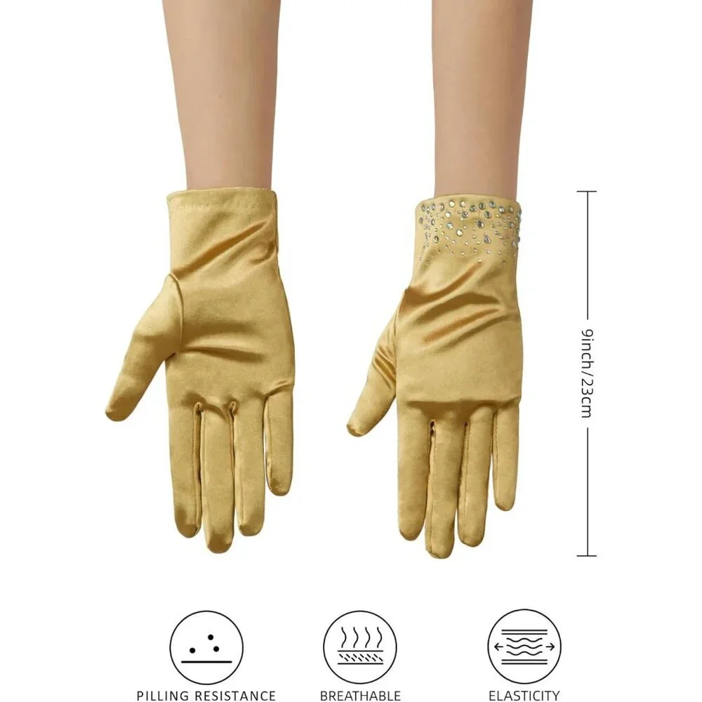 Women's Gold Sparkly Glitter Rhinestone Stretchy Satin Wrist Length Gloves
